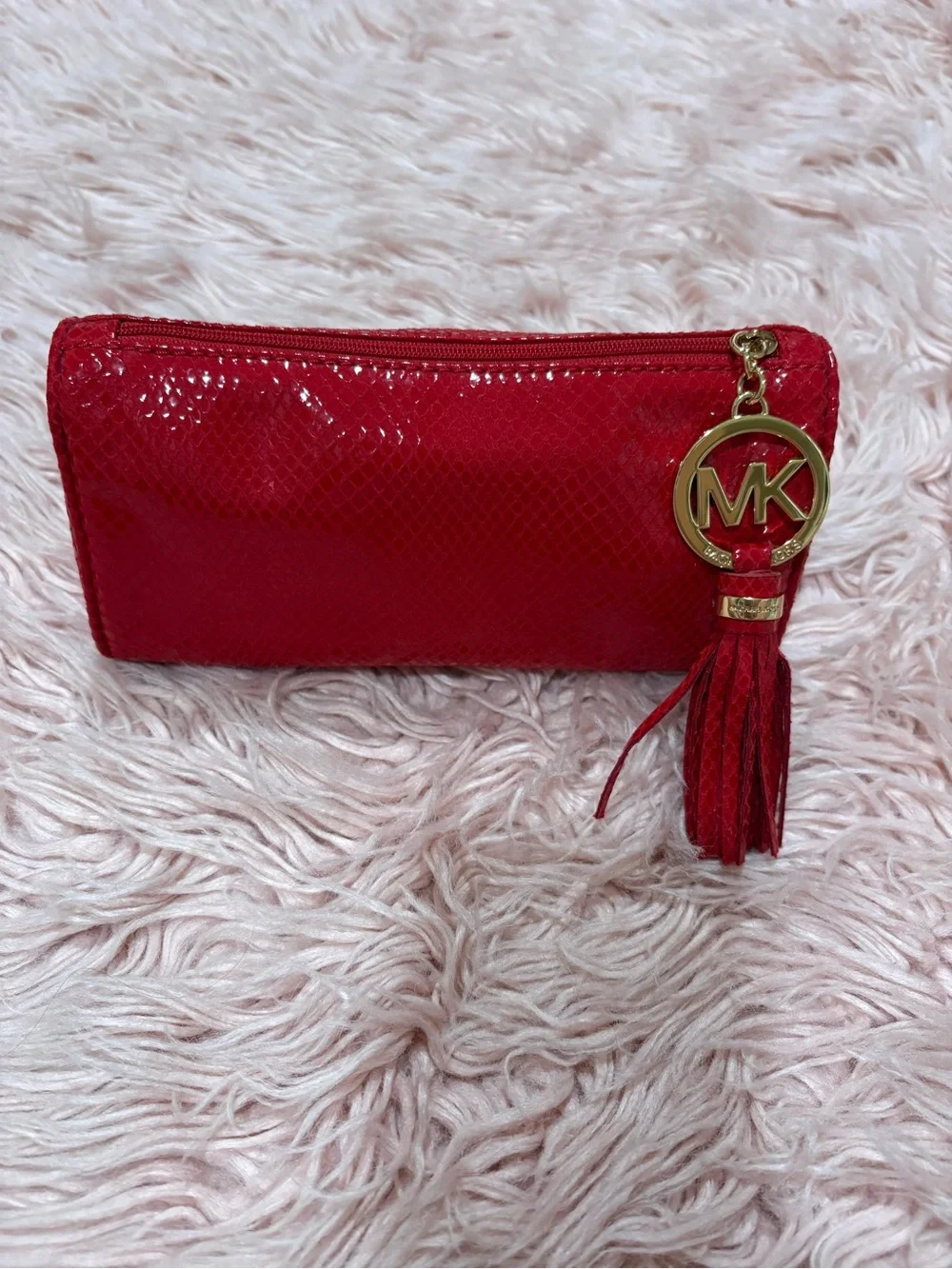 Michael Kors Red Patent Zip Clutch with Gold MK Tassel